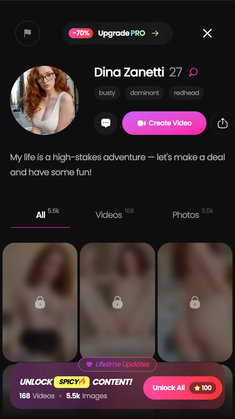 GoLove.ai character profile with her video and photo library — best ai companion for introverts