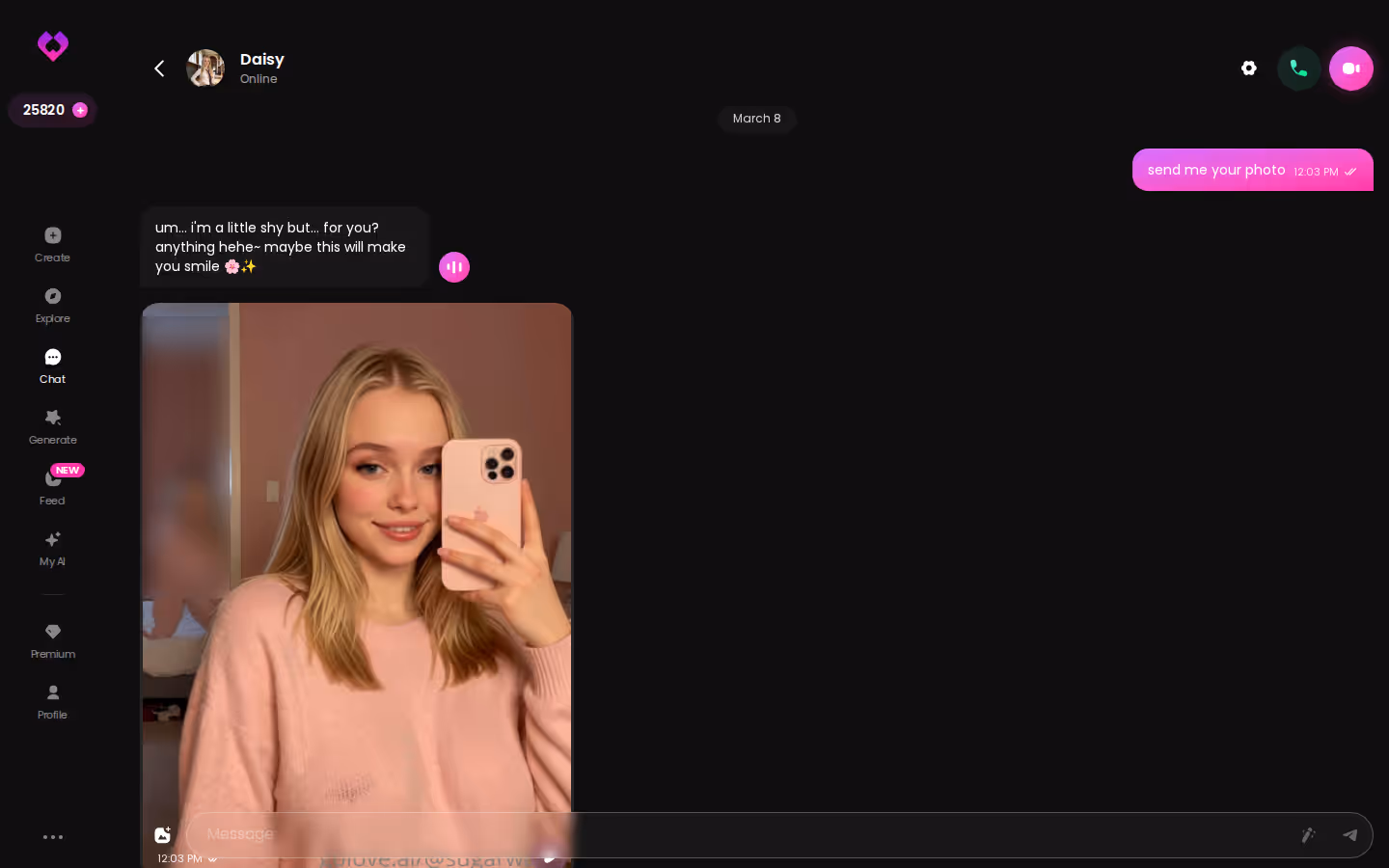 GoLove.ai desktop chat dialog showing an in-character conversation