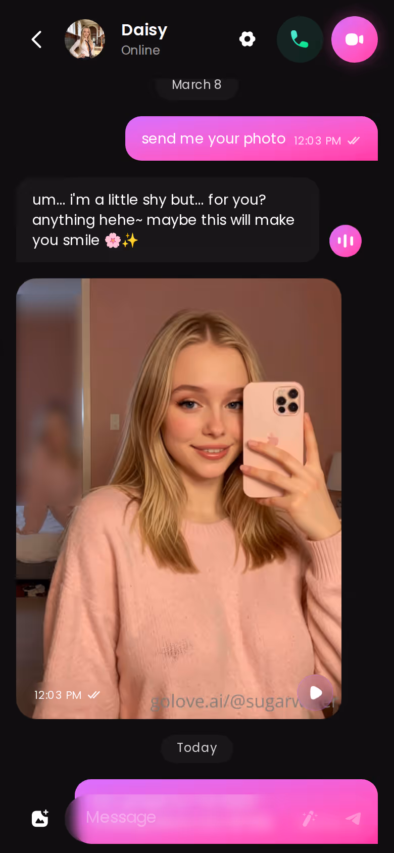 A story-driven GoLove.ai chat thread on mobile with an ongoing scene