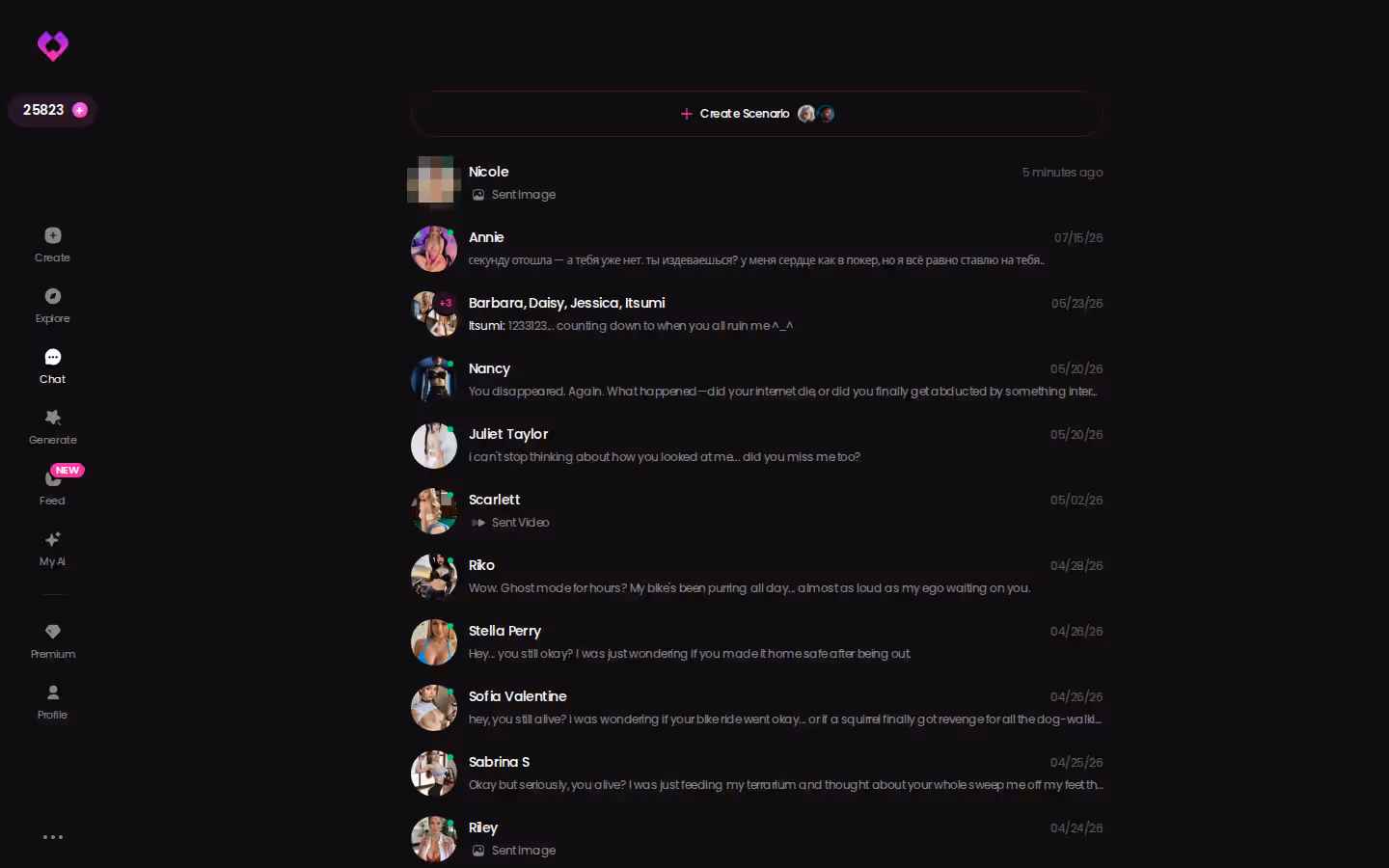 GoLove.ai chats inbox listing every ongoing AI companion conversation