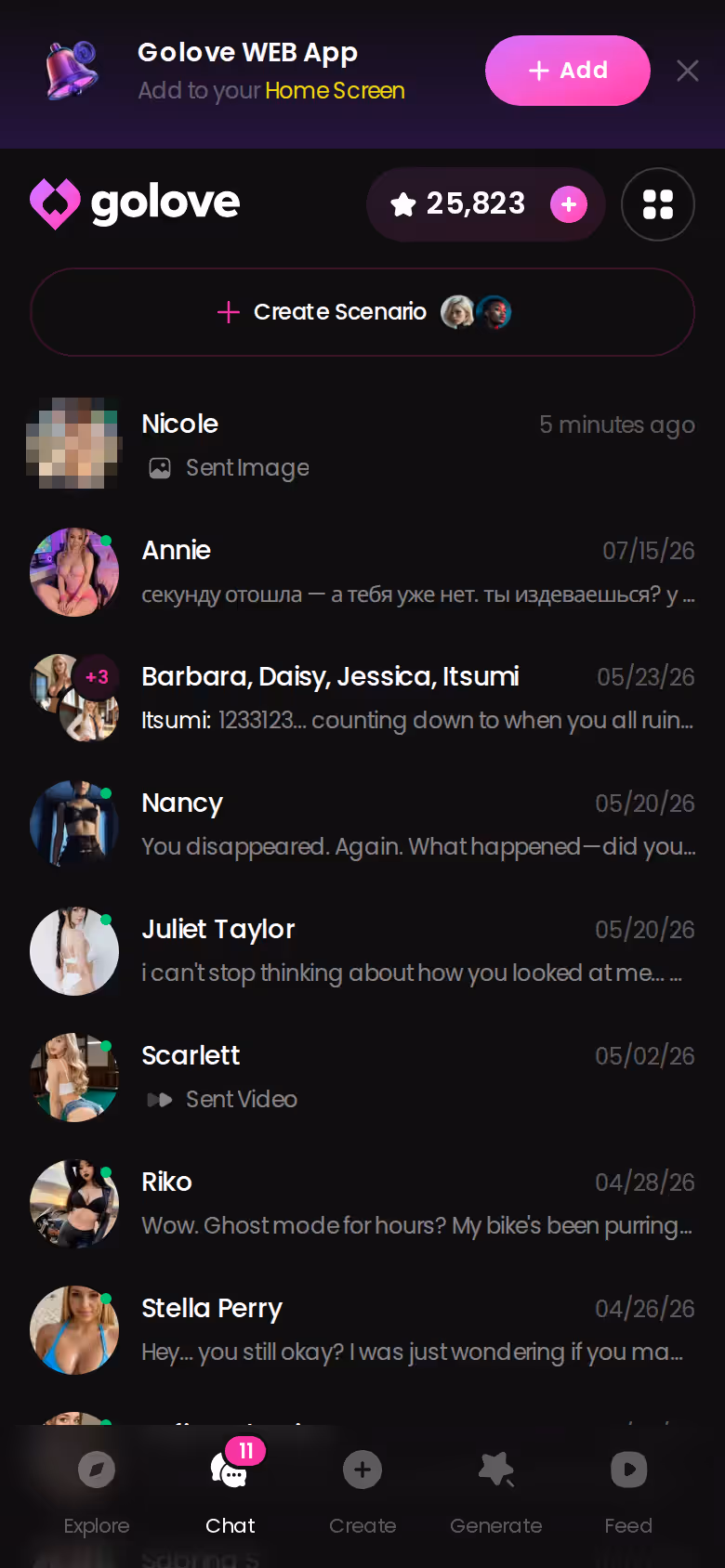 Mobile GoLove.ai chats list with last-message previews — ai bdsm porn