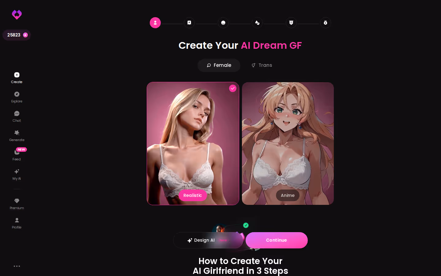 GoLove.ai Create wizard — Female or Trans, Realistic or Anime pick — ai girlfriend app with custom characters