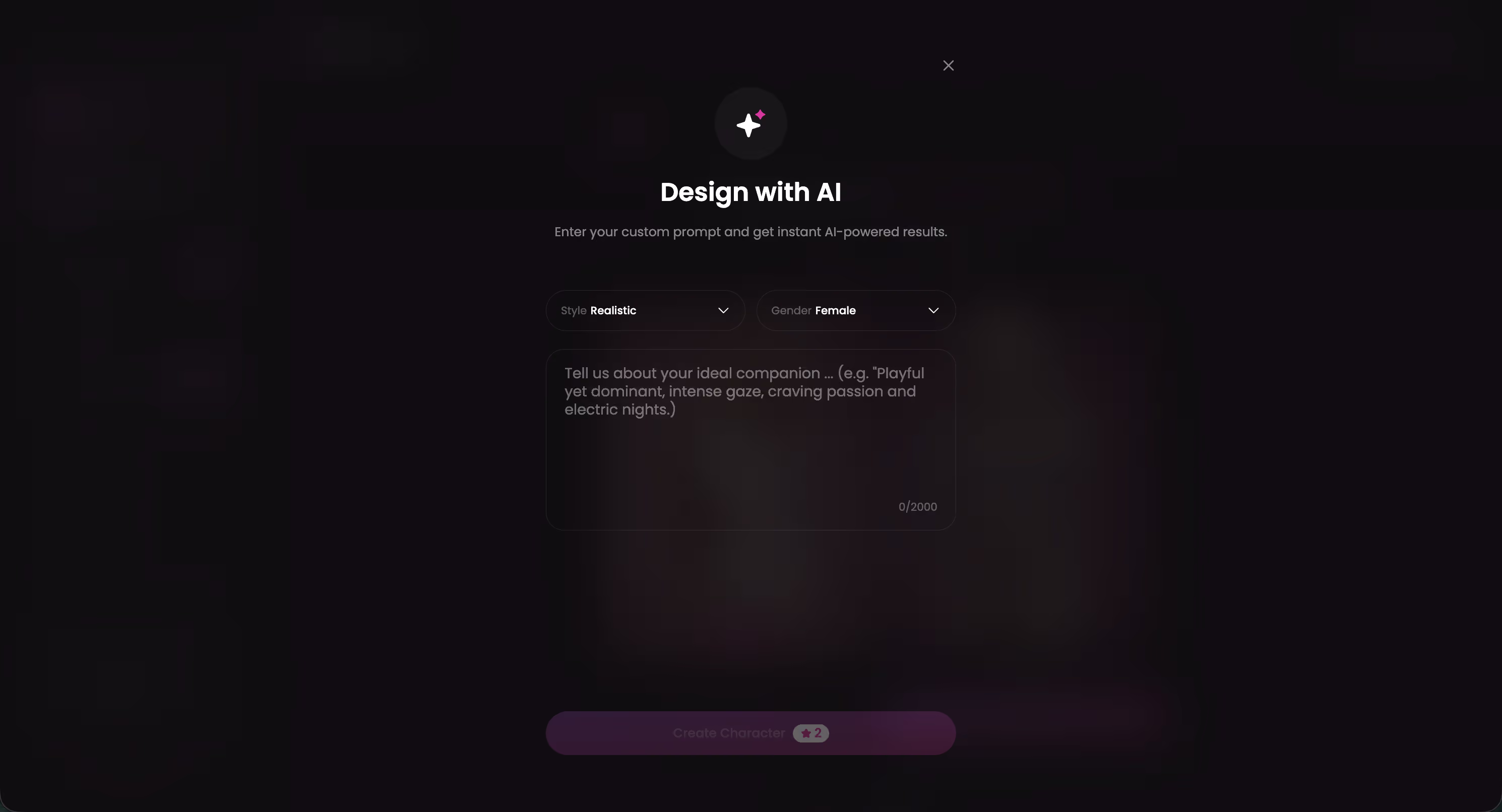Design with AI screen where you describe her in plain text and the AI builds the character