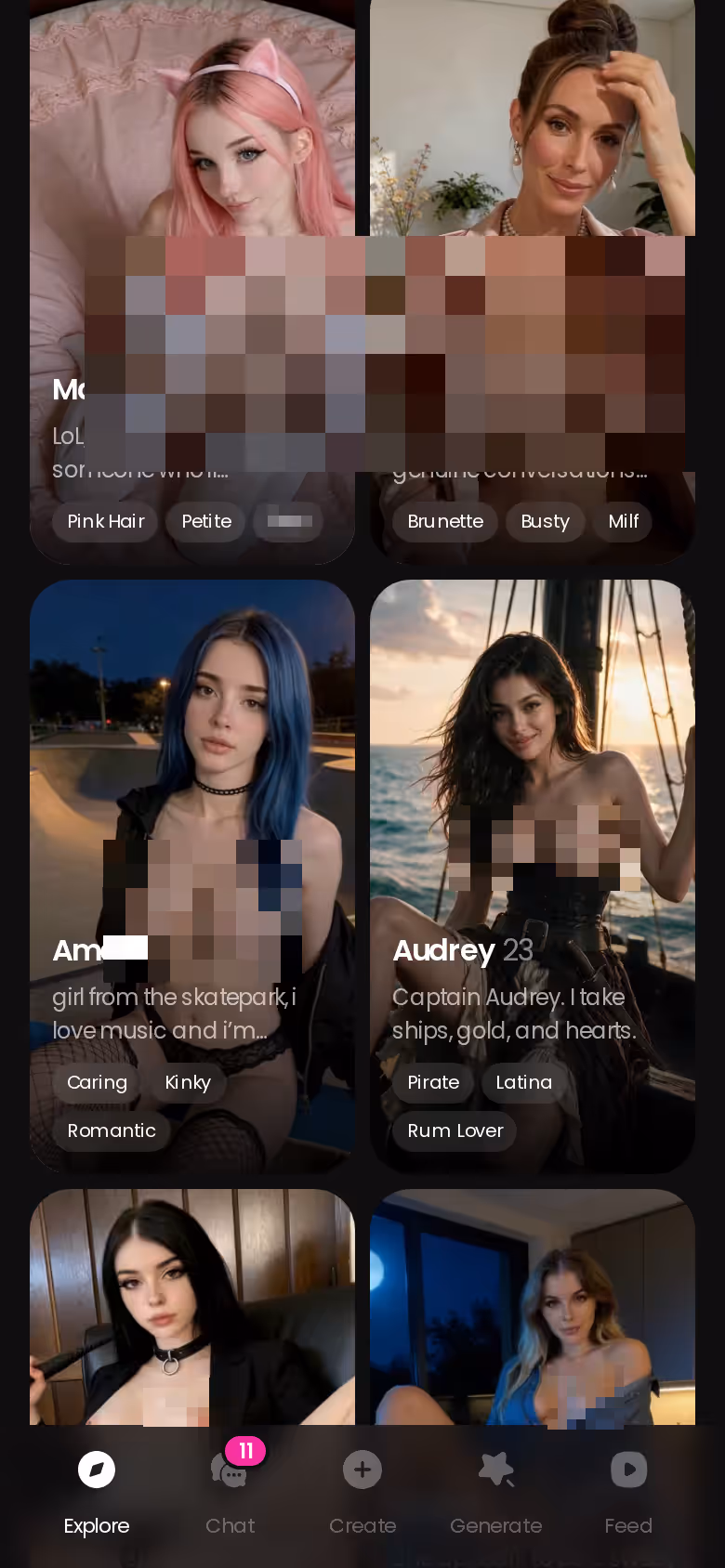 GoLove.ai mobile Explore grid of realistic AI girlfriend characters