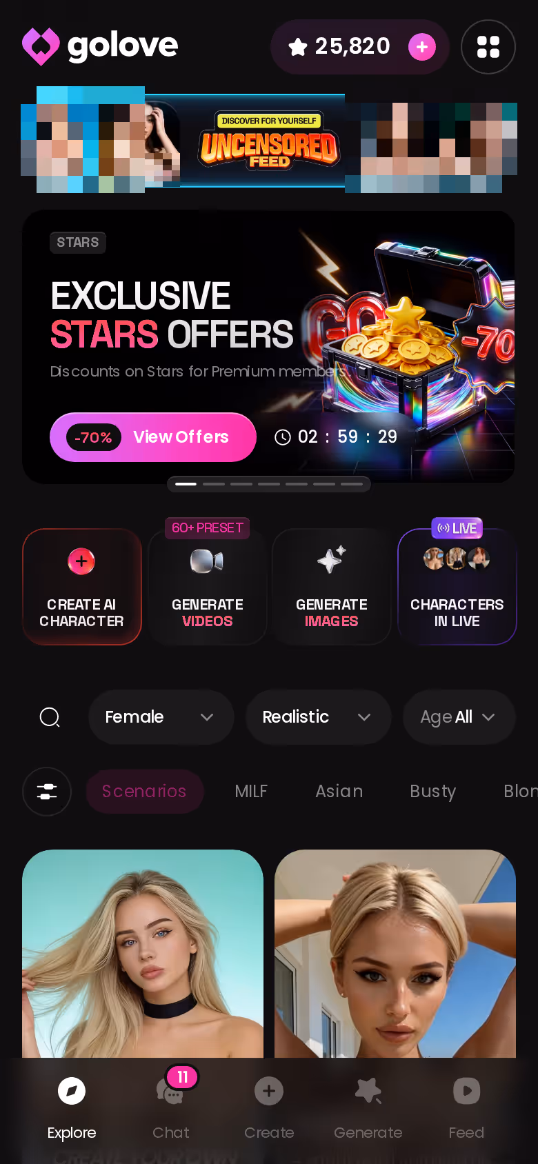 GoLove.ai Explore grid of realistic characters on mobile
