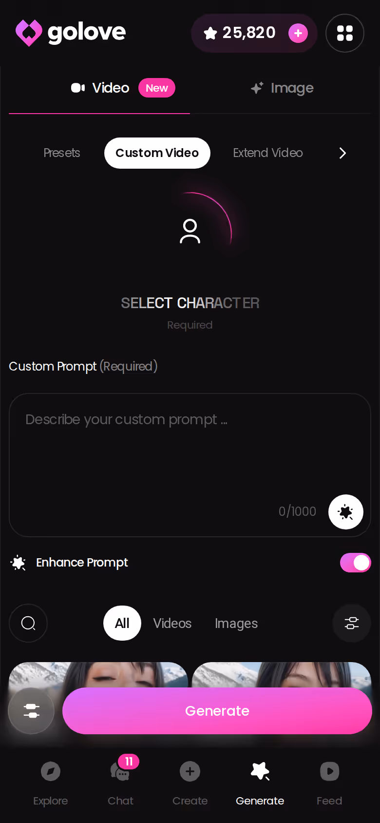 Custom Video on mobile where you write a prompt, pick settings and generate
