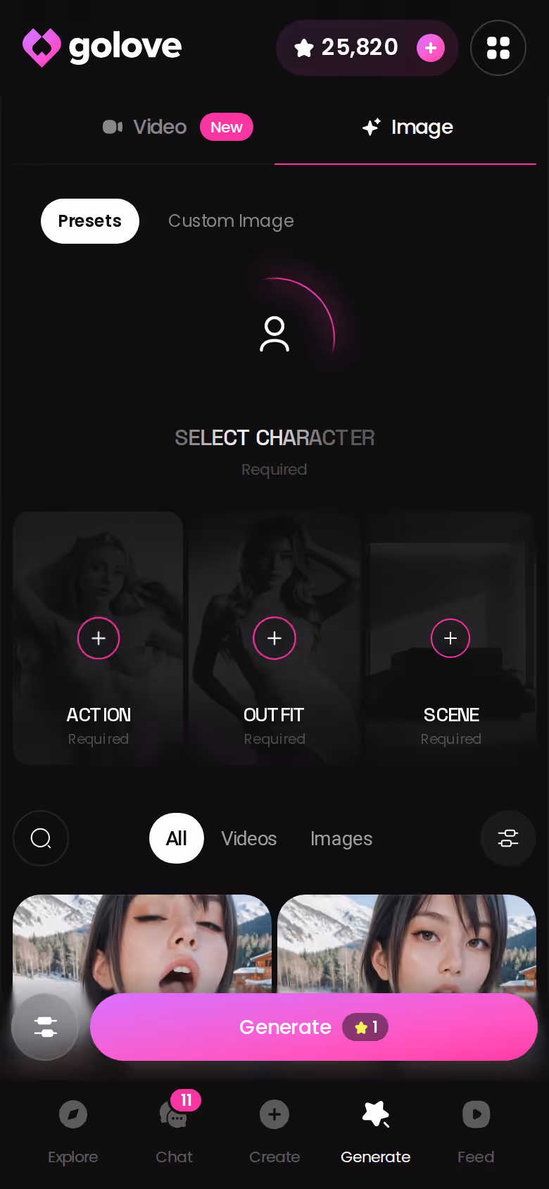 GoLove.ai Generate hub in Image mode on mobile, with stacked presets for the selected character