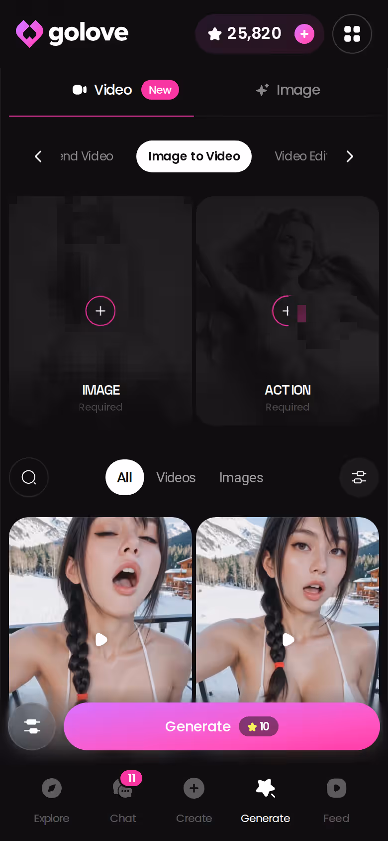 Mobile Image to Video mode in the GoLove.ai generator — soicychat
