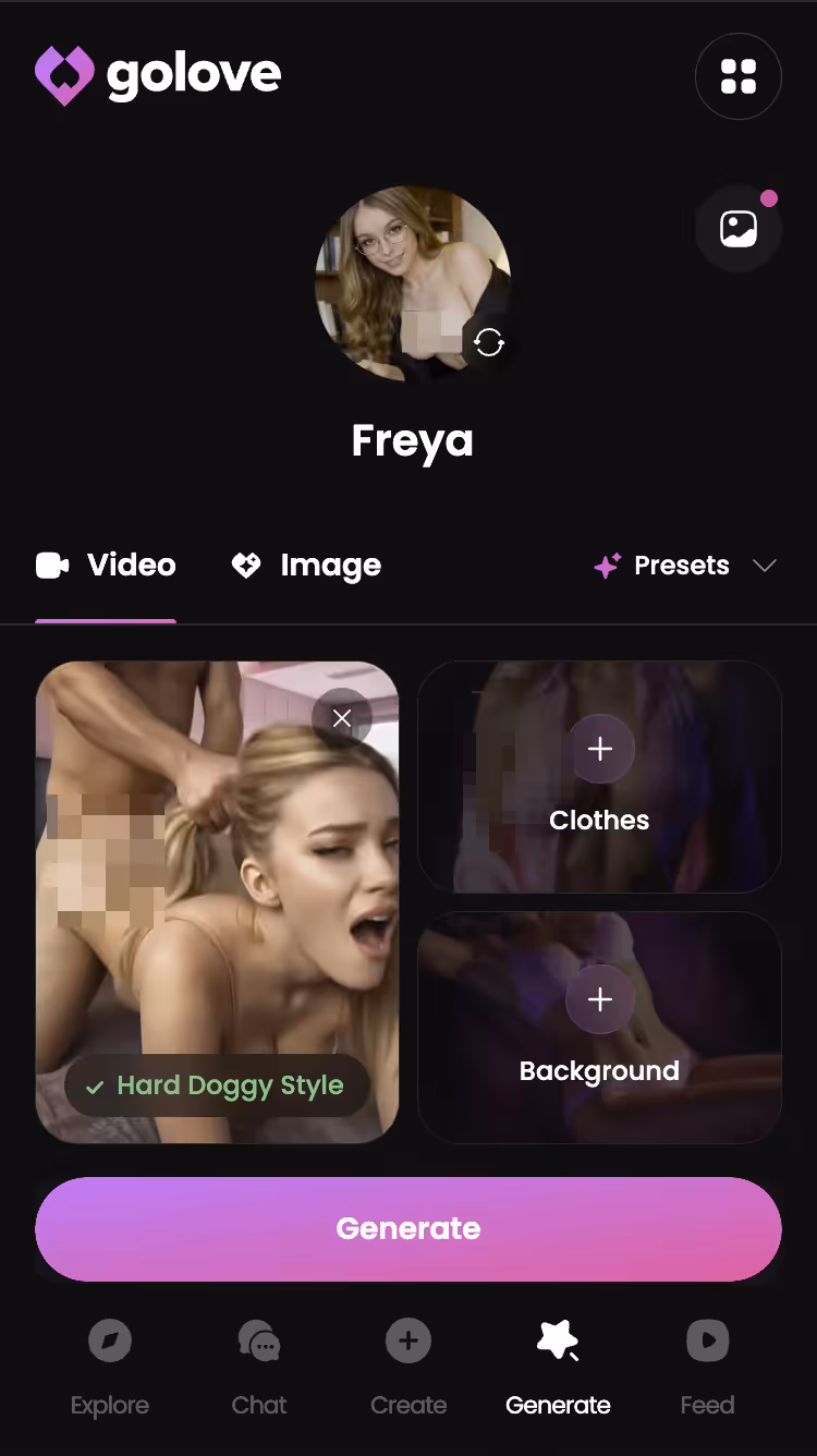 Explicit action preset selected in the GoLove.ai video generator — most popular ai girlfriend apps