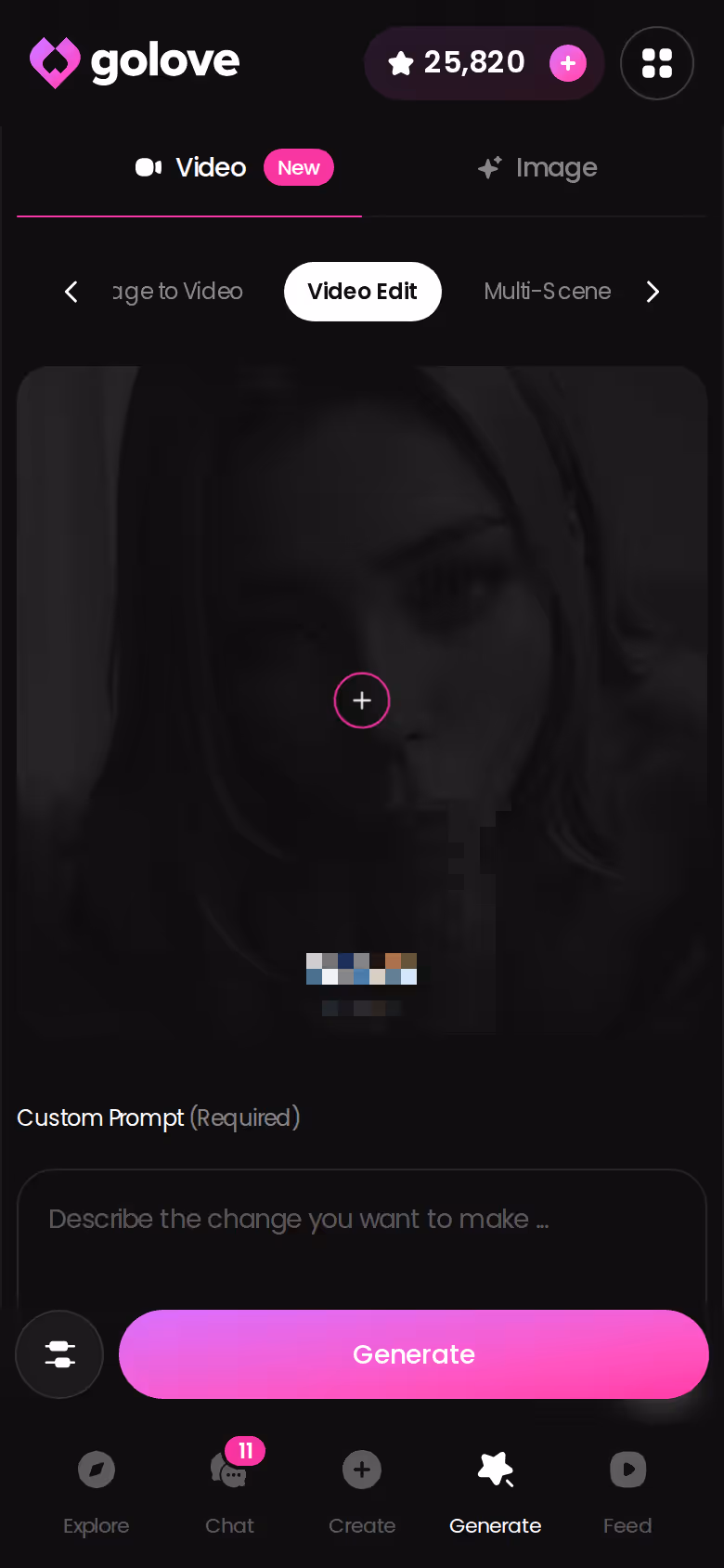 GoLove.ai Video Edit screen on mobile showing an already-generated clip being adjusted